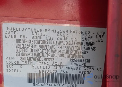 2013 Nissan Sentra S z USA, uszkodzony, nr VIN 3N1AB7AP6DL791228